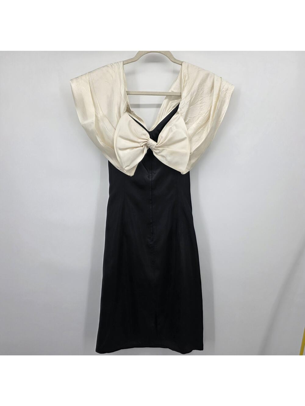 Lizette Creations Vintage 80s Black Satin Dress Ivory Collar Old Hollywood Glam